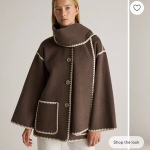 Quince Brown Wool Button Front Coat with Cream Trim
